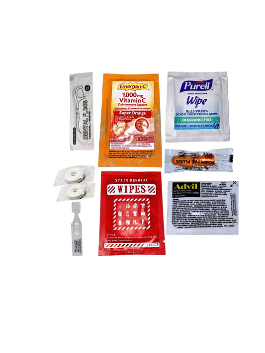 Travel Essentials Kit with Pain Relief, Stain Remover Wipe, Ear Plugs, Vitamin C Powder Packet, Eye Drops & Mints – Compact TSA-Approved Travel Bag