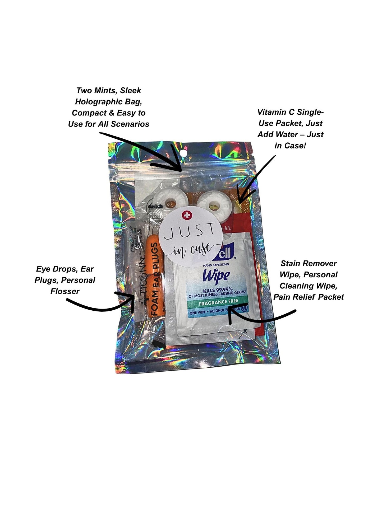 Travel Essentials Kit with Pain Relief, Stain Remover Wipe, Ear Plugs, Vitamin C Powder Packet, Eye Drops & Mints – Compact TSA-Approved Travel Bag