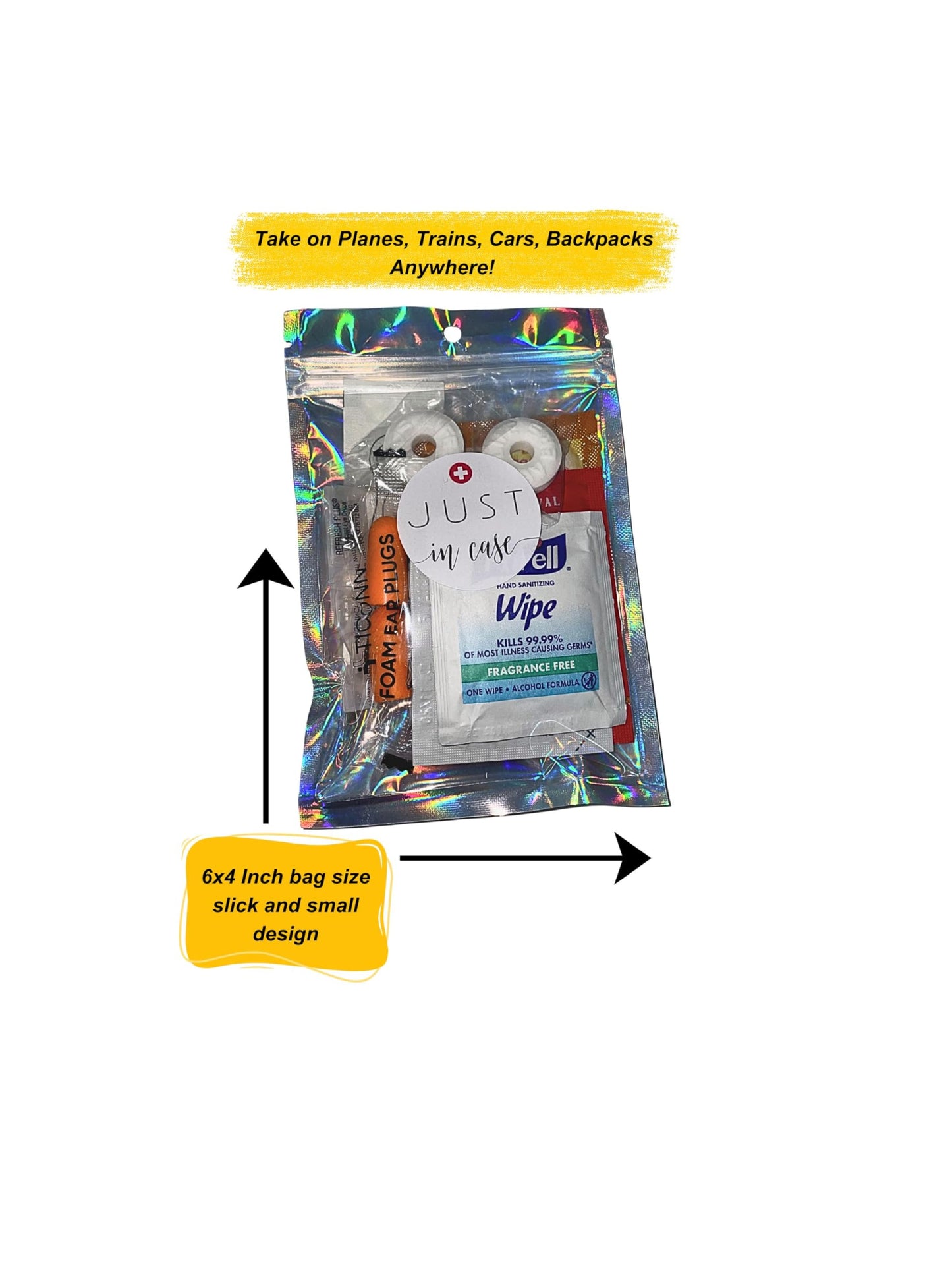 Travel Essentials Kit with Pain Relief, Stain Remover Wipe, Ear Plugs, Vitamin C Powder Packet, Eye Drops & Mints – Compact TSA-Approved Travel Bag