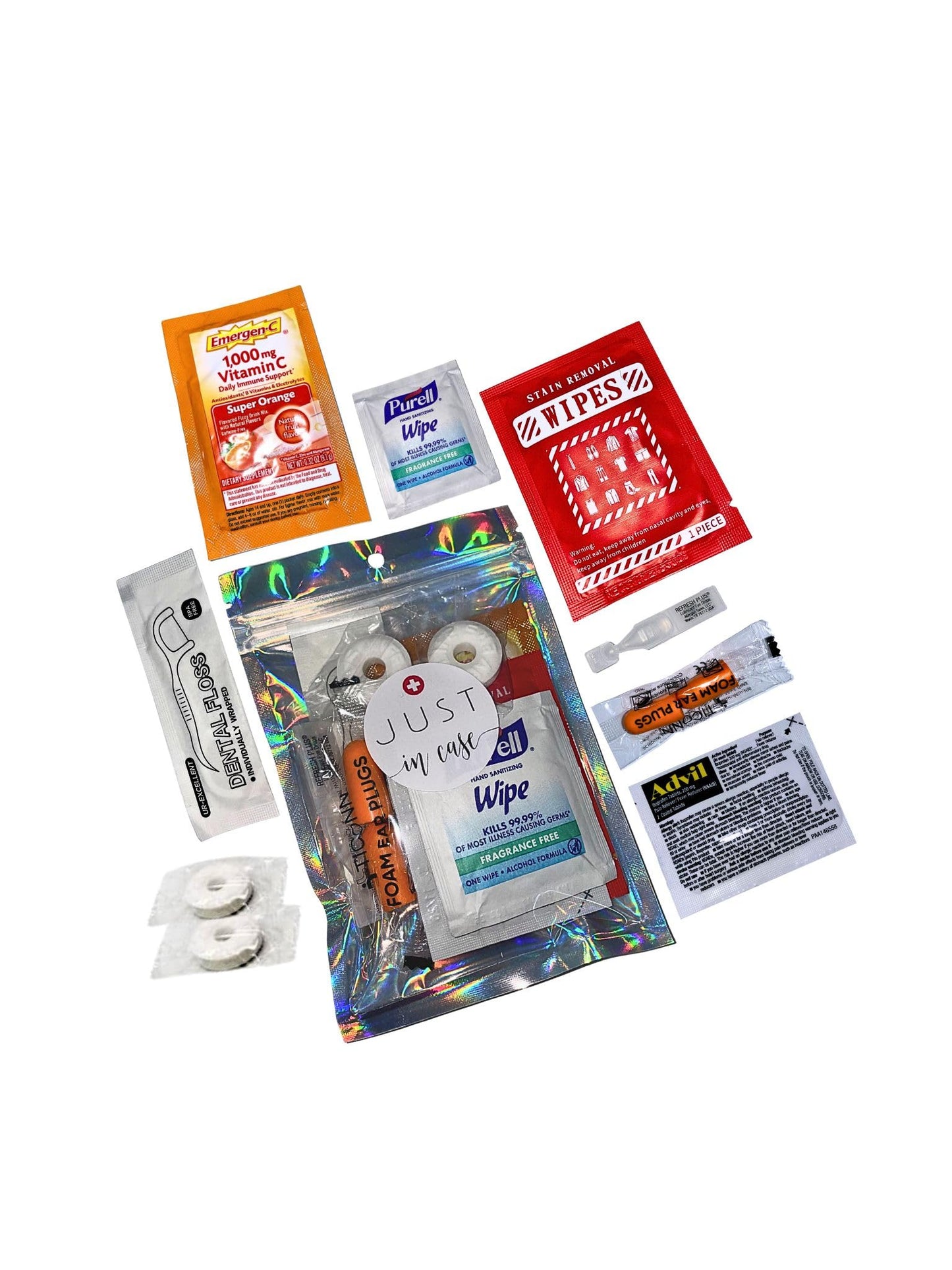 Travel Essentials Kit with Pain Relief, Stain Remover Wipe, Ear Plugs, Vitamin C Powder Packet, Eye Drops & Mints – Compact TSA-Approved Travel Bag